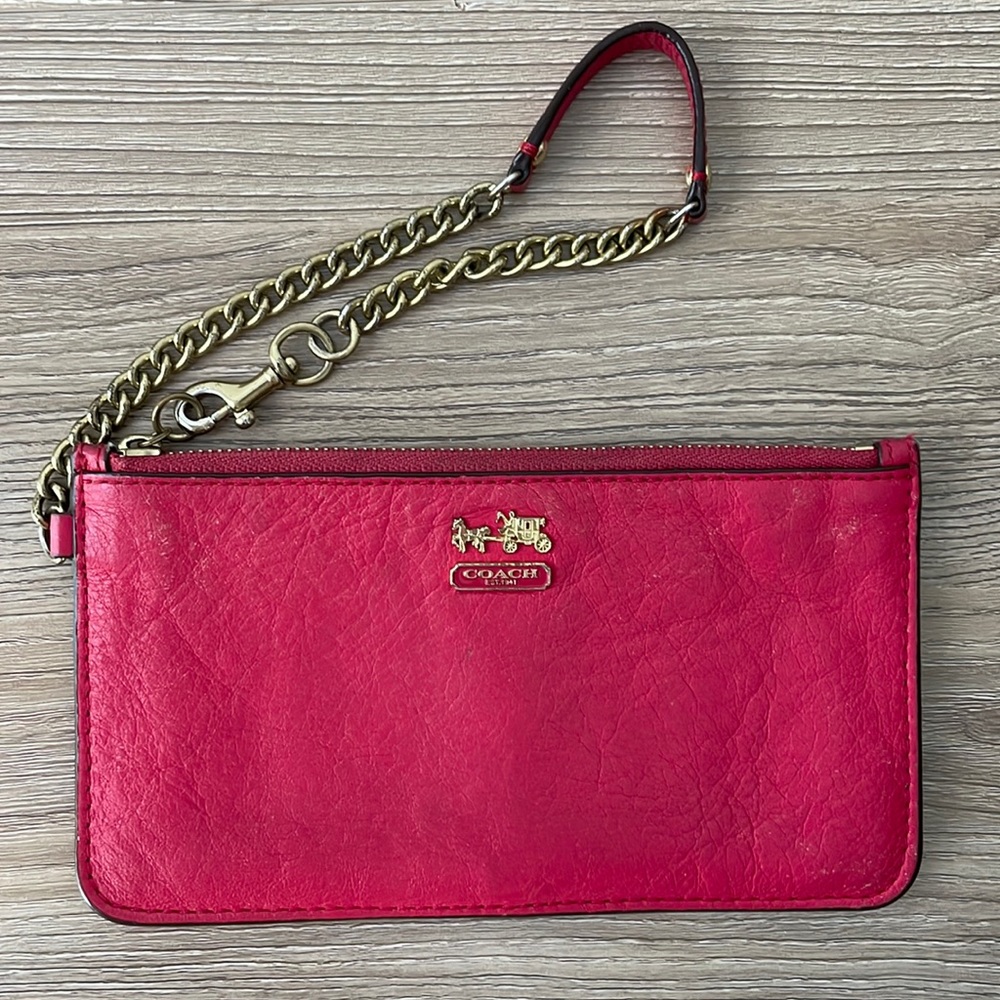 Coach Madison Slim Red Leather Zip Top Chain Purse Wristlet